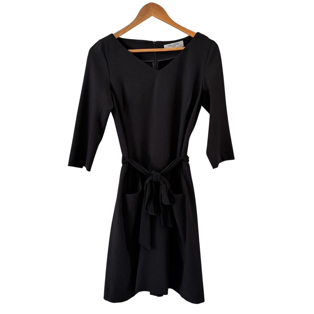 MM LaFleur Belted Dress Womens Size 8 Black V Neck 3/4 Sleeve Office Classic